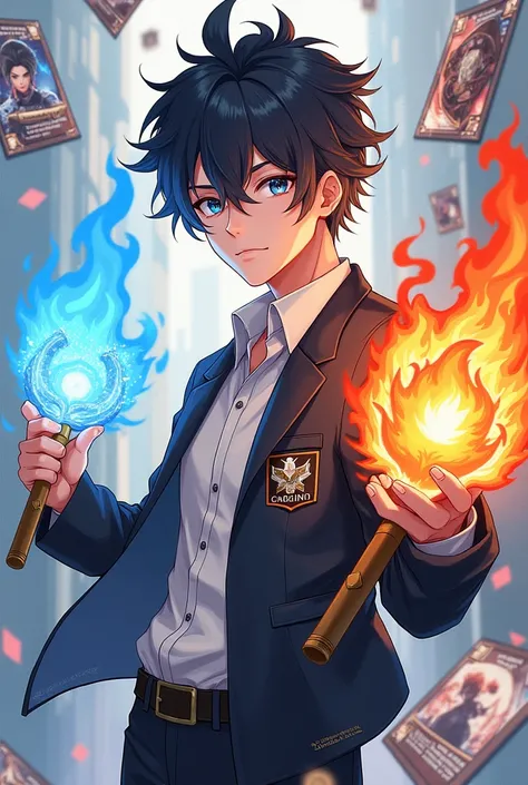 1boy, male school uniform modern. Armed with Fire, Water Arm, Metal Arm, Electrical elements are distributed in different directions, Game Case,Game Art, Collectible Card Art, The entire subject in the photograph, A design that pursues comfortable beauty!F...