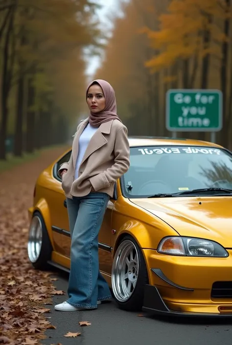  a beautiful woman in a hijab dressed in casual oitfitt elegance car side stand honda covic estillo metallic yellow, body kit ,  chrome alloy wheels model drift style ,  lowground fast , inside the car pake roll bar safety ,  parking next to a deserted roa...