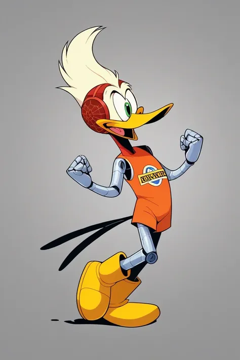 Imagine a South Korean bootleg version of Daffy Duck combined with Astro Boy, creating a unique hybrid character with a quirky, offbeat appearance. This character would sport Daffys familiar black feathers, but with a slightly more robotic, streamlined loo...