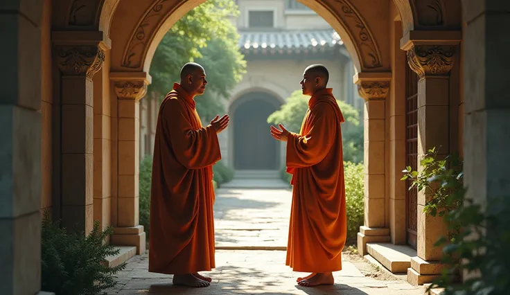 two monks and a poor man in orange robe talking in a monastery 