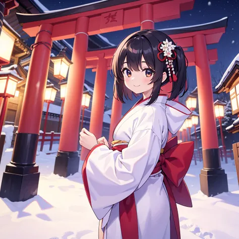 Long shot, 1girl, handsome short hair, black hair, Red and white furisode,wearing thick clothes, (Happy smile:1.2), Japanese shrine, torii gate, Crowd, night, snow, intricate detailed, best quality, masterpiece, absurdres, ultra detailed, detailed detail, ...