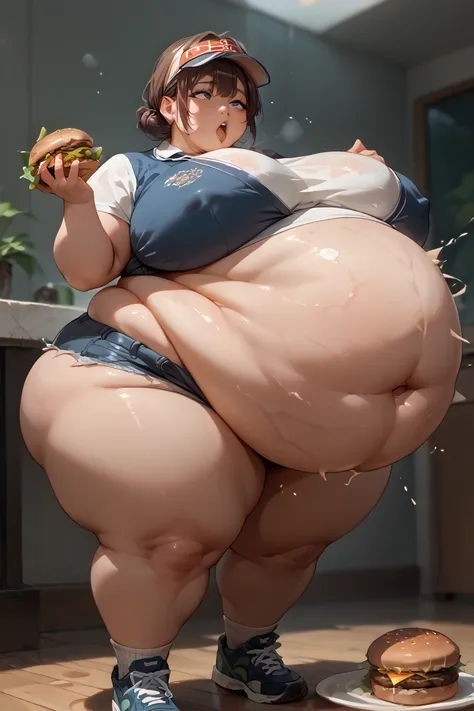 Huge belly、 an obese Japanese girl with thick legs desperately eats a hamburger、My stomach is on the verge of exploding and is bulging