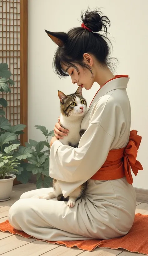 Art style of painting in Niederland.Kitten Ear Girl Wearing Japanese Kimono，Side-sitting position .Holding a cat ，Shoulder to look. Zen and Wind courtyard background.白色透明的Realistic畫作， Color Watercolor Rendering ， Face Texture Clear ，， Messy Stroke ，.Realis...