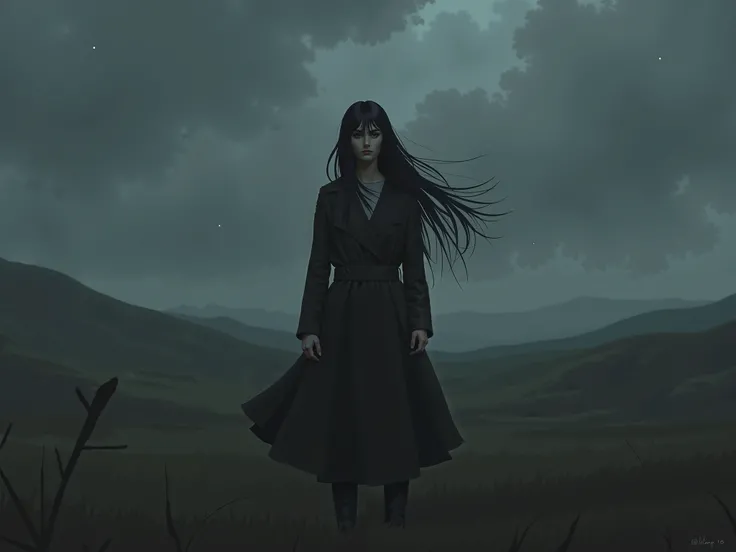  Adult girl,  long black hair,  dark clothes , against the background of dark hills and plains and dark land; dark sky.