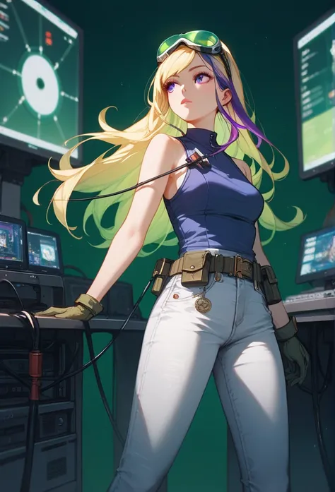 (masterpiece:1.2, Best Quality), intricate details,, 1girl, stoic, looking to the side, beautiful face, purple eyes, purple hair, blonde highlights, long hair, swept bangs, green tinted goggles on head, gloves, dark blue tank top, bare shoulders, bare arms...