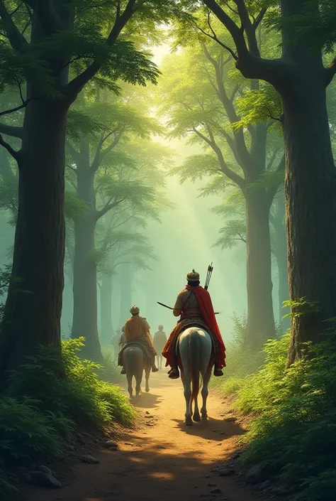 "A dense forest with tall trees and wildlife. A regal king on horseback carrying a bow and arrows, followed by his minister and soldiers on foot. The forest is alive with birds and small animals, sunlight filtering through the canopy, and a sense of advent...