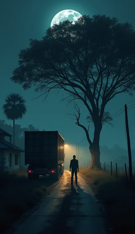 "A dark rural night scene with a large truck parked near a lonely road. A shadowy figure of a driver is visible near a tree (Peepal tree) where he stopped for a break. The atmosphere is eerie, with dim moonlight casting shadows. As the driver looks back to...