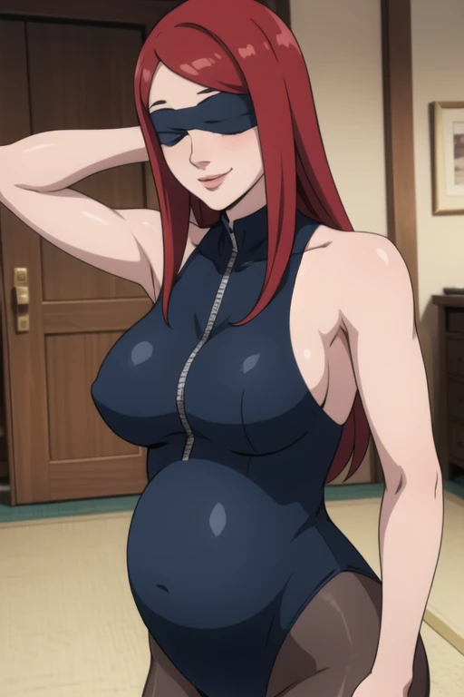 Kushina, long hair, red hair, blue eyes, mature female, large breasts, (masterpiece), (best quality), (ultra-detailed), line drawing, skindentation, (high resolution), cowboy shot, blindfold, blinfolded eyes, female big breast, full body, (high quality, be...