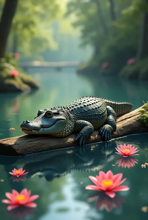 Crocodile floating on a log on a river with flowers floating 