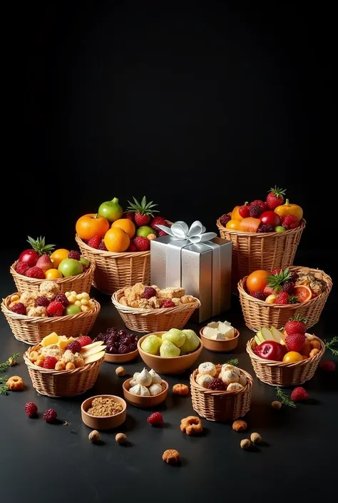 black background, 12 food baskets, a silver gift box, and a gold gift box.