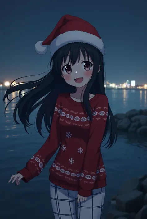 girl anime "another" happy new year, New Years hat, red New Years sweater with xmas pattern, white plaid pants, style dark "another anime, background is dark seaside