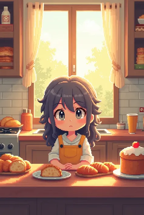 Create a pixelart-style image of a breakfast scene with breads and cake, one with gray eyes and long curly hair, in the kitchen illuminated with the morning sun from your house.