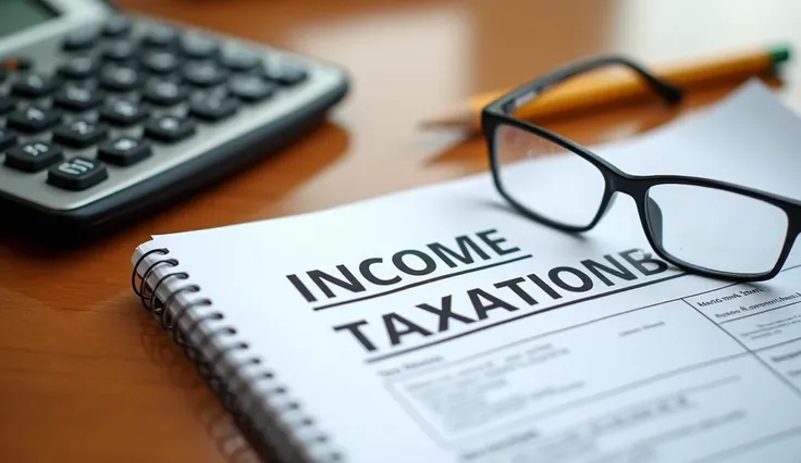 A picture of a Income Taxation book placed in a glossy wooden table and a eyeglass putting on it, beside a pencil and calculator