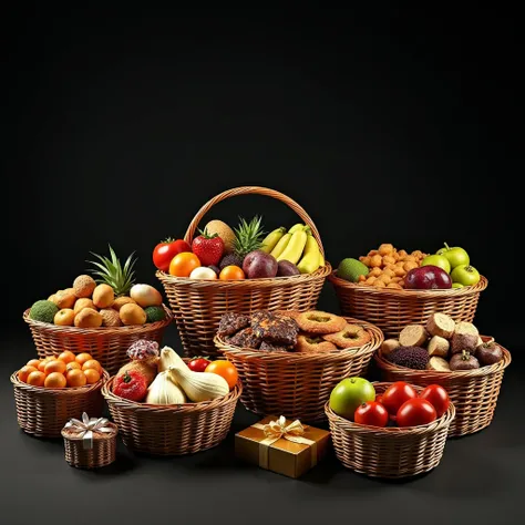 black background, 12 food baskets, a silver gift box, and a gold gift box. in the same picture