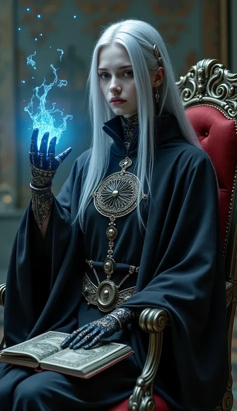 Surreal　Very detailed　Ultra Fantasy　Ultimate Details　Ultra-high resolution　8K 32k 3D 　Clear Eyes　Silver Hair　　Emits blue dark energy from the left hand　　mechanical engineering　Mechanic Art　　.　intricate and elaborate design, money, Silver　black　Dynamic pose...