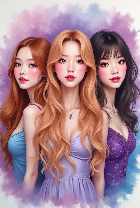  An artsy aesthetic Korean drawing of 3 female pop artists, the first , has wavy long strawberry blond hair, and fairy-like makeup, the second is on the left side she is a female pop artist with styled and dyed blond and purple dyed strips of hair, makeup,...