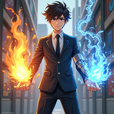 1boy, male school uniform modern. Flame Arm, Water Arm, Metal Arm, Electrical elements are distributed in different directions, Game Case,Game Art, Collectible Card Art, The entire subject in the photograph, A design that pursues comfortable beauty!Full Ar...