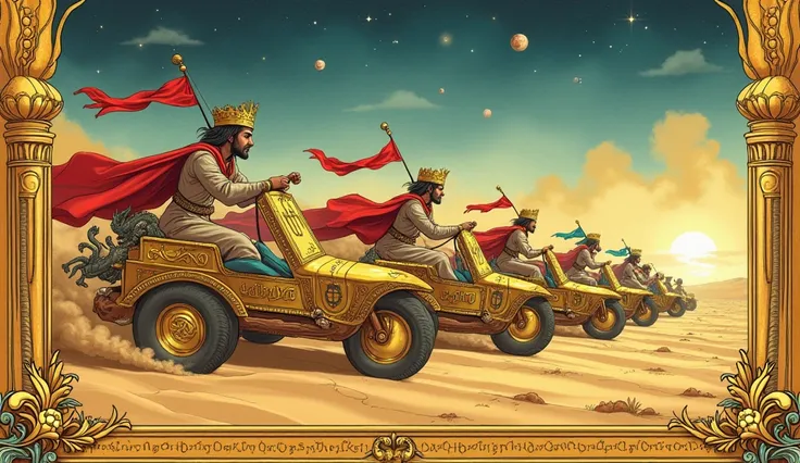 An illuminated manuscript illustration of a thrilling chariot race, but with ancient, fantastical cars racing through a desert landscape. The cars are sleek, golden contraptions powered by magical runes, each adorned with intricate symbols and banners flut...