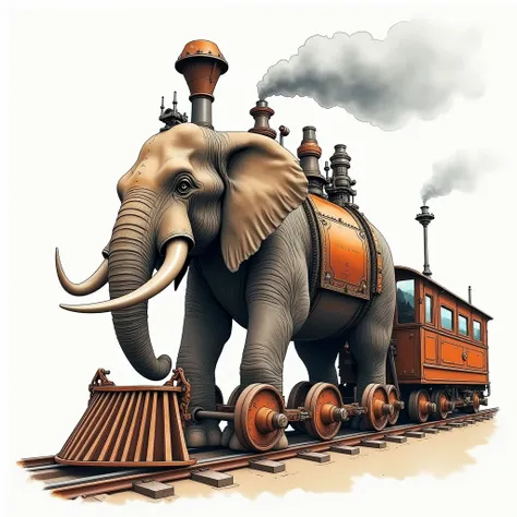  steampunk wind elephant locomotives 、  design with the body of a giant elephant just like a locomotive、Legs change to wheels 、 connecting steam engines and passenger cars on the back 、  steam spews out of an elephants trunk like a chimney 、 ears are drawn...