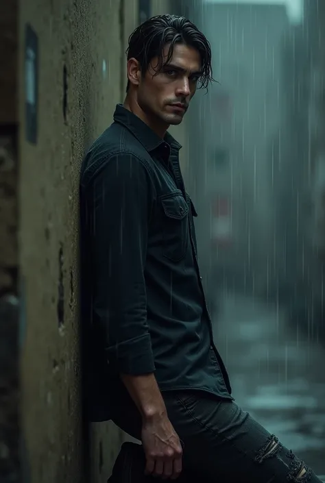 Real photo handsome guy aged 30 years with wet dark hair is sitting brooding leaning against a wall in the rain wearing a black shirt clana jeans boot 