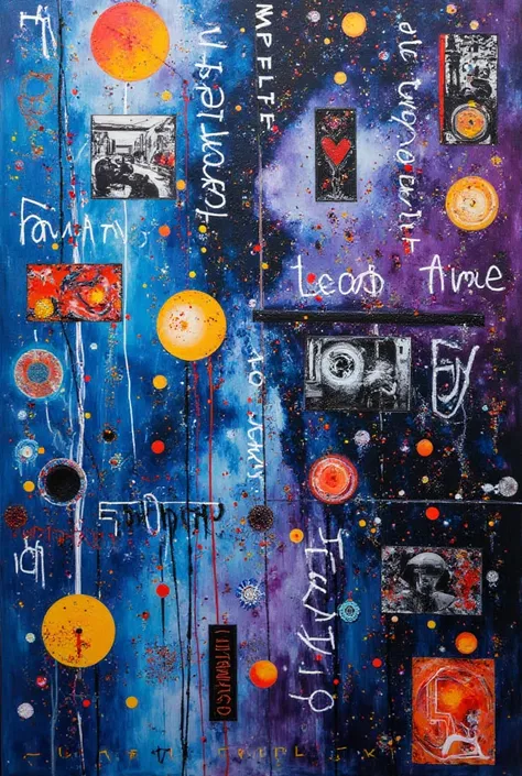 A striking abstract painting that combines various elements of art and fashion. The canvas features vibrant circles, rectangles, and dots in cool shades of blue and purple, with hints of yellow and red. The mix of graffiti-style letters and illustrations a...