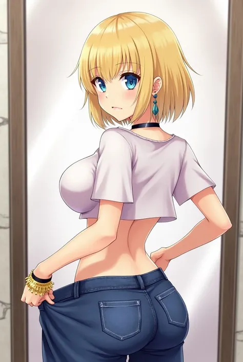 1girl, ass, jewelry, solo, bracelet, blonde_hair, blue_eyes, ass_support, breasts, pants, pants_pull, earrings, choker, crop_top, looking_back, looking_at_viewer, clothes_pull, shiny_skin, shirt, anus, large_breasts, pussy, from_behind, shiny, short_hair, ...