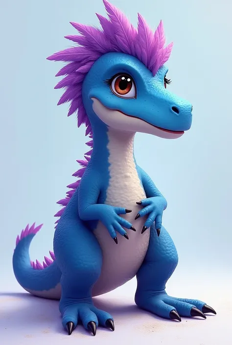  Create me an adorable velociraptor, with hair on his body , feathers in the middle of the head that go down the back of your head, three-fingered hands , That your tail is short , Let it be blue and purple 