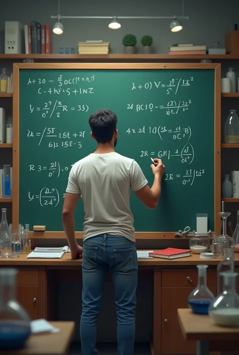 30 years age pakistani man wearing jeans and t shirt solving mathematical equation on blackboard in lab