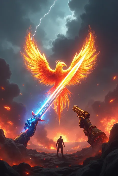 A glowing golden sword crosses with a fiery red gun at the center of the battlefield. Around it, a storm swirls, and flames rise, filling the scene with smoke and sparks. The metallic edges of the weapons gleam as a glowing blue energy shield encases them....