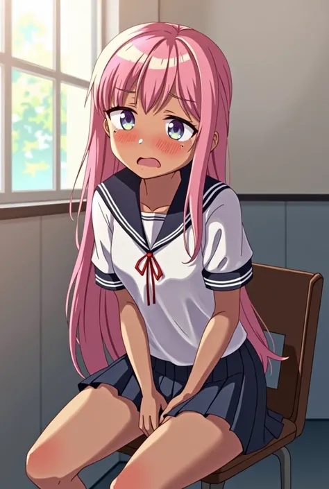 1 long hair, girl in school uniform, miniskirt, pink hair, looking away, sitting and spreading crotch, embarrassed, blushing, crying, dark skin, mouth closed, classroom (girl leaking pee)