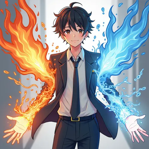 1boy, male school uniform modern. Flame Arm, Water Arm, Metal Arm, Electrical elements are distributed in different directions, Game Case,Game Art. A design that pursues comfortable beauty!Full Art illustration, Fluffy eBay items, Full Art, !!Very detailed...