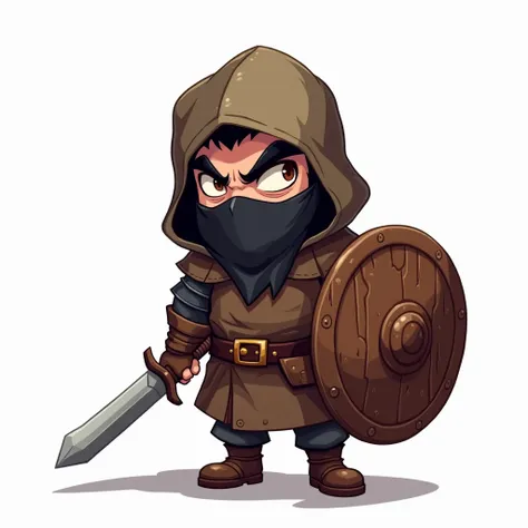  create a full-body illustration in Chibi-Cartoon style medieval thug with an excessively large head compared to .  The features must be expressive ,  with large eyes and facial details that convey intense emotions .
Art-based illustration of board game  "...