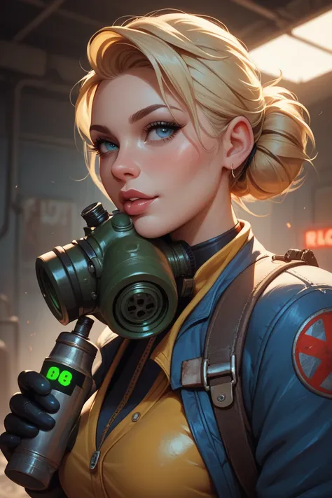  high quality ,  8k Ultra HD, ,  girl in a gas mask,  blonde , Fallout 4, radioactive garbage  