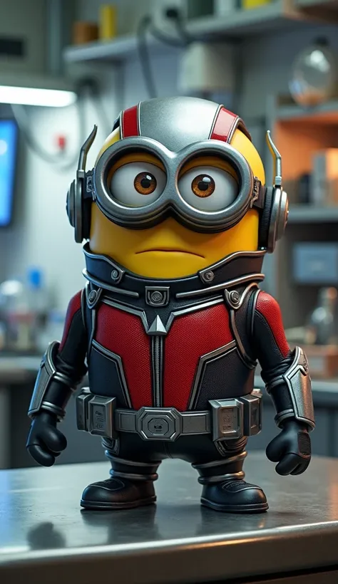 A medium shot of a Minion, retaining his classic proportions, but dressed in a highly detailed Ant-Man suit, posed mid-action in a realistically rendered, cluttered scientific laboratory. The Minion should be standing on a table with a mix of metallic text...