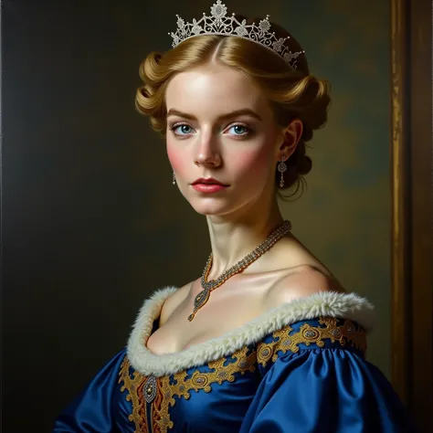 A striking and enigmatic oil portrait of a young Victorian queen, inspired by the commanding beauty of Florence Pugh, captured in a formal, passport-style composition. She wears a regal gown of deep royal blue with golden embroidery, its intricate details ...