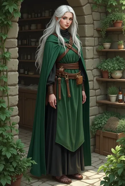  I want a detailed image of a fantasy character named Yana , The Herbalist .  She finds in a small shop stone walls and shelves full of herbs where she makes her remedies.
 Physical Description :  Yana has a slender and tall figure ,  with an elegant postu...