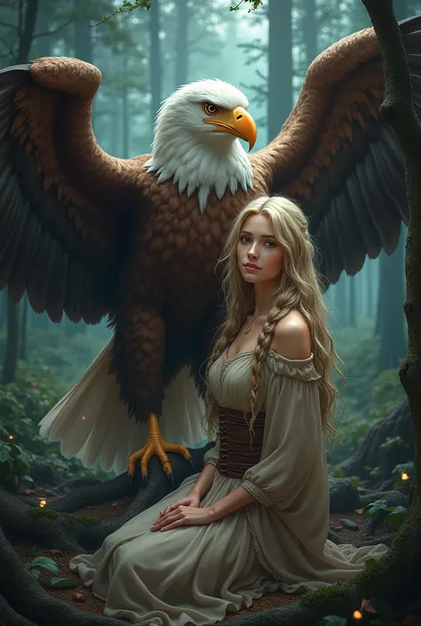 Fantasy Gerald Bron art, official art, 
A beautiful woman with blonde hair pigtails is in the forest and she is sitting with a giant eagle in a very scary forest background and she look at the camera
