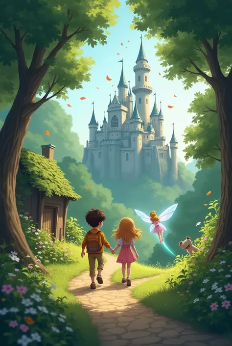 Without a second thought, the siblings tiptoed out of their house and followed the fairy up the winding path to the castle.