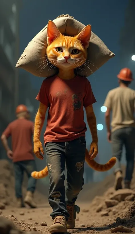 In cinematic 3D style HD, image HD, realistic image,
Character, Thin Big Orange Cat Wearing Very Dirty Red T-Shirt and Very Dirty Black Jeans
Action, it is night time,Big orange cat walks through a construction site carrying two cement bag on its head with...