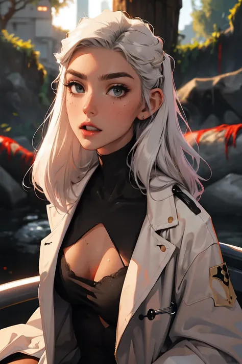 photorealistic, high resolution, 1 futa, solo, hips_up, hips up, beautiful eyes,dark makeup, influencer, thot, blush,  look at viewer, close lips, detailed face, white hair, long hair,, , (black and gold bodysuit, futuristic), shiny skin, wet skin, slender...