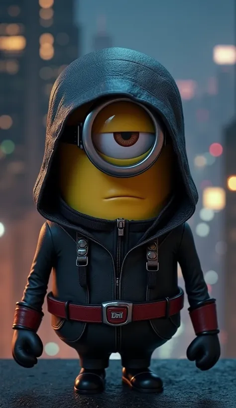 A medium shot of a Minion dressed in a detailed Black Widow outfit, posed with power and stealth on a realistically rendered, dimly lit, city rooftop at night. The Minion retains his classic proportions but has a focused and determined expression, with a c...