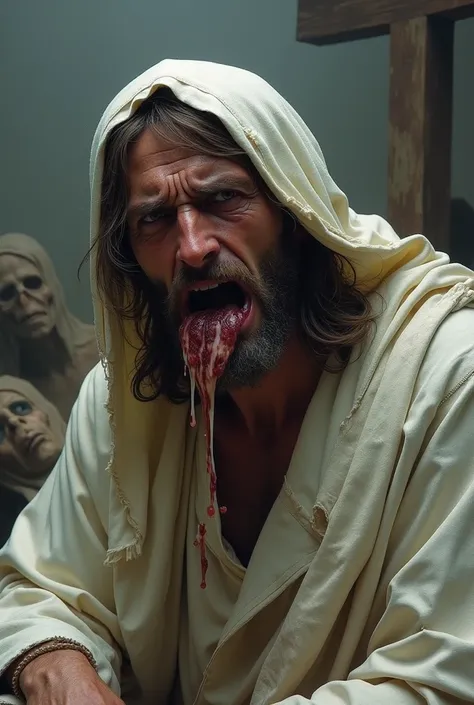 Jesus with a lot of ugly tears in his eyes up to his mouth ugly tears with a white scarf on his head with white clothes behind Jesus has dead and dead in the background there is a Cross 