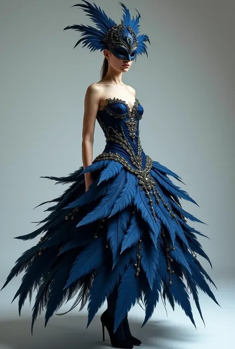  A costume with a knee-length skirt on the theme of a nightingale .  It should be decorated with feathers and in the colors dark blue and gold. It should also be able to be made by hand  