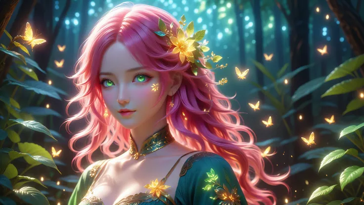 A Masterpiece In 32K Resolution, Supreme Quality, Super Detail, Official Art, Very High-Resolution 32K Wallpaper, Captivating Cinematic Lighting, Beautiful And Aesthetic, Ultra-Detailed Features, Awe-Inspiring Detail. The Scene Features Glowing Fireflies A...