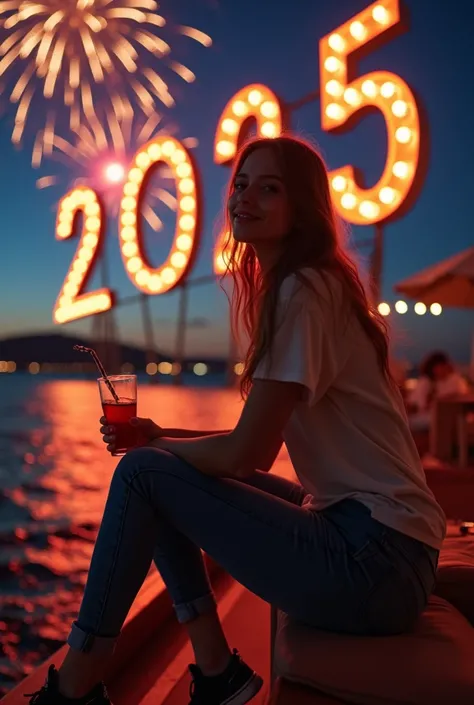 A beautiful woman wearing a t-shirt jeans sneakers shoes sits d a sea ship that reads "2025" ocean ship nighttime drinks table background fireworks new years 4k  , HD, UHD, 8K,  High detail , ultra definition 4D  , HD, UHD, 8K,  High detail , ultra definit...