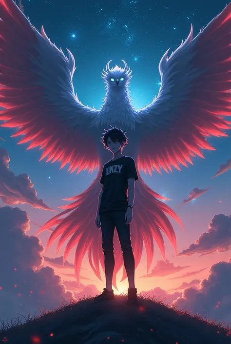 Male anime character with black shirt and trousers, writing on the shirt Linzy, view on the hill sky galaxy big blue red black Phoenix spreading its wingsHigh Resolution, Looking at viewer, 