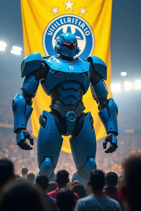  A gigantic , Robotic guard in blue and white armor stands in front of a thundering crowd. His body glows from within ,  and his eyes shine like spotlights .  Behind him is a huge yellow flag with the emblem of CD Universitario.