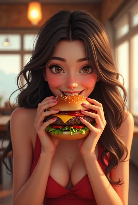 Make a girl eating a burger 