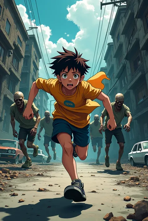 Anime-style boy running away from zombies