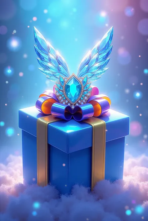 "Create a detailed illustration of a vibrant, mystical gift box with a blue theme. The gift box should have a glossy finish, adorned with a large multicolored bow, predominantly in shades of blue and yellow. Atop the box, place a shining crystal-like tiara...